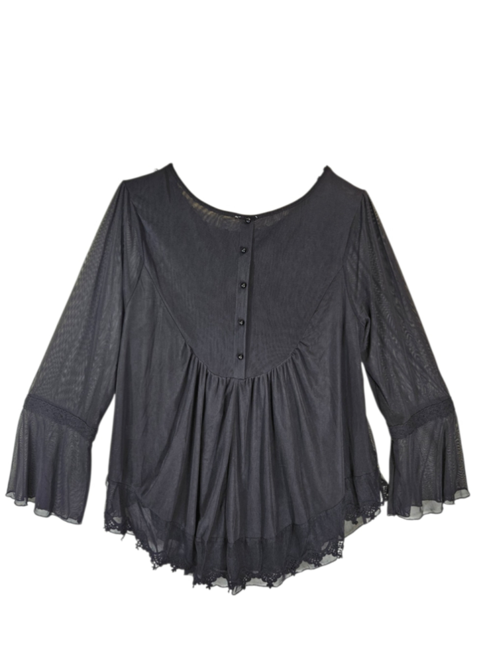 Ultra Pink Womens Black Lace Trim Peasant Top Large Sheer Boho Blouse - Picture 5 of 9